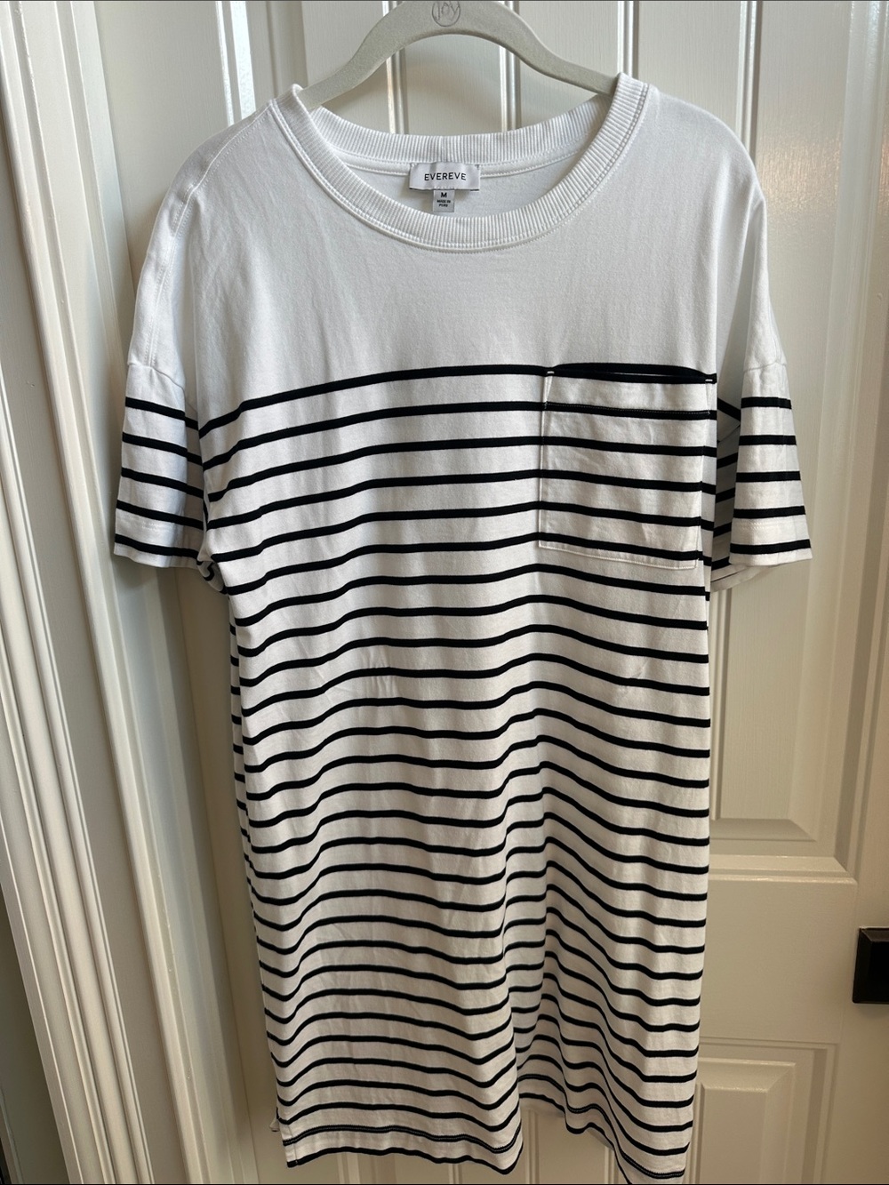 Evereve women’s White Tee with Black Horizontal Stripes and Chest Pocket dress